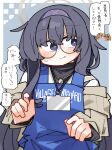  2girls :o absurdres apron black_hair black_shirt blue_apron blue_archive blush brown-framed_eyewear brown_jacket chibi chibi_inset commentary_request dash_b glasses grey_background hair_between_eyes hairband halo highres jacket multiple_girls off_shoulder open_clothes open_jacket orange_hair parted_lips purple_eyes purple_hairband round_eyewear shimiko_(blue_archive) shirt solo_focus turn_pale turtleneck turtleneck_shirt twintails ui_(blue_archive) white_shirt |_| 