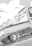  0_0 1girl absurdres chibi cloud commentary_request day dog dyson_(edaokunnsaikouya) greyscale highres kantai_collection long_hair monochrome motor_vehicle outdoors pickup_truck riding scarf shiba_inu sky smile truck yuudachi_(kancolle) yuudachi_kai_ni_(kancolle) 