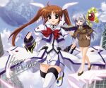  2girls absurdres ahoge ankle_wings black_bow black_bowtie blazer blue_eyes book bow bowtie brown_jacket brown_shoes brown_skirt english_commentary fingerless_gloves full_body gloves hair_ornament hair_ribbon hand_on_own_hip happy_birthday higa_yukari highres holding holding_staff jacket long_hair long_sleeves lyrical_nanoha mage_staff mahou_shoujo_lyrical_nanoha_strikers miniskirt multiple_girls open_book open_mouth outdoors pencil_skirt planet raising_heart raising_heart_(device_mode) reinforce_zwei ribbon ruins shirt shoes skirt sky smile staff standing standing_on_one_leg takamachi_nanoha takamachi_nanoha_(aggressor_mode) thighhighs tsab_ground_military_uniform twintails waist_cape white_jacket white_ribbon white_shirt white_shoes white_skirt white_thighhighs wings winking_(animated) x_hair_ornament zettai_ryouiki 