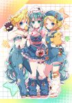  1boy 2girls ;d badtz-maru blonde_hair blue_dress blue_eyes blue_hair blue_hat blue_pants blue_socks blush candy cinnamoroll commentary_request dress food full_body grid_background grin hat hatsune_miku highres holding holding_candy holding_food holding_juice_box holding_lollipop kagamine_len kagamine_rin kaho_0102 lollipop long_hair looking_at_viewer multiple_girls one_eye_closed open_mouth outline pants pink_shoes pompompurin sanrio shirt shoes short_hair smile socks standing star_(symbol) vocaloid white_hat white_outline white_shirt white_shoes white_socks yellow_shoes 