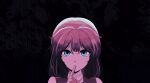  1other absurdres androgynous bare_shoulders black_background blue_eyes brown_hair choker cine_hamal ex_mugennumaya expressionless eyelashes finger_to_mouth hair_between_eyes highres jacket kuzu_suzumi len&#039;en medium_hair no_headwear open_clothes open_jacket orange_jacket other_focus parted_lips simple_background sleeveless sleeveless_jacket solo upper_body white_choker 