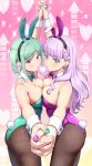  2girls absurdres aiai_(okiraku_rough_nisshi) animal_ears arrow_(symbol) black_pantyhose blowing_kiss blunt_bangs bow bowtie braid breast_press breasts detached_collar gradient_background green_bow green_bowtie green_eyes green_hair green_nails heart highres holding_hands leotard long_hair love_live! love_live!_superstar!! medium_breasts multiple_girls nail_polish onitsuka_tomari pantyhose playboy_bunny purple_bow purple_bowtie purple_hair purple_nails rabbit_ears rabbit_tail red_eyes tail twin_braids wavy_hair wien_margarete wrist_cuffs 
