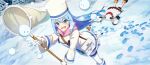 2girls :d aqua_(konosuba) black_boots black_horns blue_eyes blue_hair blush boots bottle box breath butterfly_net coat double-parted_bangs dutch_angle faceplant feathers footprints game_cg gloves hair_down hand_net hat highres holding holding_butterfly_net horns kono_subarashii_sekai_ni_shukufuku_wo! konosuba!_fantastic_days long_hair lying megumin multiple_girls official_art on_stomach open_mouth outdoors red_scarf robe running scarf smile snow snowball snowing thighhighs third-party_source tree white_boots white_coat white_gloves white_hat white_robe white_thighhighs winter_clothes yellow_feathers 