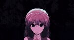  1other absurdres androgynous bare_shoulders benny_(len&#039;en) black_background black_eyes brown_hair choker closed_mouth ex_mugennumaya expressionless eyelashes finger_to_mouth hair_between_eyes highres jacket kuzu_suzumi len&#039;en light_frown looking_at_viewer medium_hair orange_jacket other_focus simple_background sleeveless sleeveless_jacket solo straight-on upper_body white_choker 
