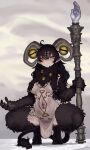 1girl absurdres body_piercings breasts disembodied_eye ekrea_jan elden_ring elden_ring_nightreign extra_eyes genderswap genderswap_(mtf) goat_horns goat_legs highres holding holding_staff hooves horizontal_pupils horns in-universe_location libra_(elden_ring) mage_staff medium_breasts navel personification pointy_ears solo squatting staff tail underboob very_big_eyes yellow_eyes 