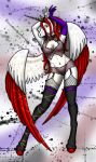  anthro clothed clothing contentious equid equine female horn mammal on pegasus personae pose ravyn_(artist) simple_background solo unicorn wings 