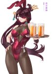  1girl absurdres alcohol artist_logo artist_name ass_visible_through_thighs bare_shoulders beer beer_mug beidou_(genshin_impact) black_wrist_cuffs breasts chinese_knot cleavage contrapposto covered_navel cowboy_shot cup earrings eyepatch facing_viewer foreshortening genshin_impact hair_ornament hair_over_one_eye hair_stick hand_on_own_hip highres holding holding_tray jewelry kashenori large_breasts leotard logo long_hair mug pantyhose playboy_bunny purple_hair red_leotard see-through_cleavage see-through_clothes simple_background solo tassel tassel_earrings thighs tray very_long_hair white_background wrist_cuffs 