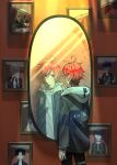  1boy absurdres ahoge black_hair black_haori black_hat black_jacket black_pants black_ribbon black_streaks blonde_hair blue_eyes blue_hair blue_hat braid chinese_commentary collared_shirt crop_top drawstring earrings eye_print gakuran grey_jacket grey_kimono hand_on_mirror haori hat highres hood hoodie jacket jacket_over_hoodie japanese_clothes jewelry kawana_tsubasa kimono kirifuji_nozomi looking_at_mirror male_focus maruko_gaku mirror mojiro_moko multicolored_hair multicolored_jacket neck_ribbon no_eyes omokage_yugamu pants parted_lips ponytail portrait_(object) print_eyepatch purple_hair red_hair ribbon school_uniform shirt shizuhara_hiruko short_hair streaked_hair sumino_takumi the_hundred_line_-last_defense_academy- tongwangmingjiedaolu tsukumo_ima tsukumo_kako two-tone_jacket white_hair white_hoodie white_shirt 