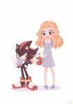  anthro beverage black_body black_fur blonde_hair blue_clothing blue_dress clothing cup dress drinking duo eulipotyphlan female footwear fur gloves hair handwear hedgehog hi_res holding_beverage holding_object human male mammal maria_robotnik red_body red_eyes red_fur shadow_the_hedgehog shoes simple_background sonic_the_hedgehog_(series) standing uno_yuuji white_background 