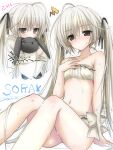  1girl 2000s_(style) ahoge akatsuki_(ggsy7885) angry arm_at_side arm_support armpit_crease artist_name bare_arms bare_legs bare_shoulders bikini black_eyes black_ribbon blush bow bow_bikini button_eyes buttons closed_mouth dot_nose faux_retro_artstyle flat_chest frilled_bikini frills frown hair_ribbon hand_on_floor hand_on_own_chest hand_up hashimoto_takashi_(style) highres hugging_doll hugging_object juliet_sleeves kasugano_sora legs long_hair long_sleeves looking_ahead looking_at_viewer multiple_views navel nose_blush official_style parody puffy_sleeves rabbit_symbol ribbon ribbon-trimmed_sleeves ribbon_trim shiny_skin shirt shout_lines sitting sound_effects stomach strapless strapless_bikini stuffed_animal stuffed_rabbit stuffed_toy style_parody swimsuit symbol-shaped_pupils twintails twitter_username very_long_hair waist_bow water_drop watermark wet wet_hair white_bikini white_bow white_hair white_ribbon white_shirt x-shaped_pupils yosuga_no_sora 