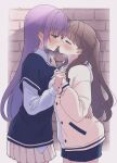  2girls absurdres blue_shorts blue_sweater border breasts brick_wall brown_background brown_hair closed_eyes closed_mouth collared_shirt commentary_request french_kiss fujishima_megumi green_eyes hair_down hair_intakes half-closed_eyes hand_on_another&#039;s_back hand_on_another&#039;s_waist heart highres hiyori_(20hiyori727) holding_hands hood hood_down hoodie jacket kiss large_breasts layered_sleeves letterman_jacket link!_like!_love_live! long_hair long_sleeves love_live! miniskirt multiple_girls official_alternate_costume open_clothes open_jacket otomune_kozue outside_border pink_jacket pleated_skirt ponytail purple_hair shirt short-sleeved_sweater short_over_long_sleeves short_shorts short_sleeves shorts sidelocks skirt sweater tongue tongue_out two_side_up unworn_headwear upper_body virtual_youtuber white_border white_hoodie white_shirt white_skirt yellow_jacket yuri 