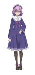  1girl :o alice_(fuguushoku_&quot;kanteishi&quot;_ga_jitsu_wa_saikyou_datta) anime_coloring black_shoes dress elf frills fuguushoku_&quot;kanteishi&quot;_ga_jitsu_wa_saikyou_datta full_body hairband highres long_sleeves looking_at_viewer maid_headdress medium_hair open_mouth pantyhose pointy_ears purple_dress purple_eyes purple_hair purple_ribbon ribbon sakimoto_sayuri shoes simple_background solo standing tachi-e tareme thighhighs wavy_hair 