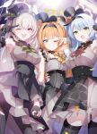  3girls absurdres black_gloves blue_archive gloves green_eyes halo hat highres long_hair mari_(blue_archive) mari_(idol)_(blue_archive) mine_(blue_archive) mine_(idol)_(blue_archive) multiple_girls one_eye_closed orange_hair sakurako_(blue_archive) sakurako_(idol)_(blue_archive) ttt_(xtttx) yellow_halo 