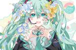  1girl :d bare_shoulders black_sleeves blue_flower blue_rose character_name collared_shirt commentary detached_sleeves flower green_eyes green_hair green_necktie grey_shirt hair_between_eyes hands_up hatsune_miku heart heart_hands highres long_hair long_sleeves looking_at_viewer necktie open_mouth rose shirt signature sleeveless sleeveless_shirt smile solo sunfish3939 sunflower symbol-only_commentary twintails upper_body vocaloid 
