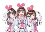  3girls blush collarbone hairband highres kizuna_ai kizuna_ai_inc. long_hair love-chan_(kizuna_ai) multicolored_hair multiple_girls pink_hairband sailor_collar seiyuu shorts streaked_hair taketake_(ristclutch-exployder) virtual_youtuber white_sailor_collar white_shorts youtube youtube_logo 