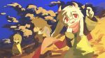  1boy 1girl 1other androgynous animal_ears antenna_hair black_hair black_pants black_shirt black_sleeves blue_pants blue_sky brown_hair brown_horns buttercup_(flower) cloud colored_skin commentary cowboy_shot deltarune denim english_commentary fangs field flower flower_field furry furry_male glasses goat_boy goat_ears goat_horns green-framed_eyewear green_sweater green_tunic hair_over_eyes happy heart heart_print highres holding holding_flower horns jacket jeans kris_(deltarune) light_smile long_hair long_sleeves looking_at_object messy_hair monster_girl nigrum nostrils open_clothes open_jacket open_mouth pants petals pink_skin purple_jacket ralsei red_eyes red_scarf round_eyewear scarf shaded_face shirt short_hair single_stripe skin_fangs sky smile standing striped_clothes striped_sweater sunset susie_(deltarune) sweater tareme teeth tunic two-tone_shirt very_long_hair white_hair white_shirt yellow_flower 