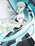  1girl absurdres black_ribbon black_skirt blue_eyes blue_hair braid breasts fate/grand_order fate_(series) gradient_hair grey_hair hair_ribbon highres koma315ht large_breasts long_hair looking_at_viewer morgan_le_fay_(fate) multicolored_hair ponytail ribbon shirt short_sleeves sidelocks skirt solo umbrella very_long_hair white_shirt 