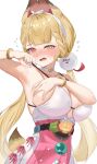  1girl absurdres alice_thymefield alice_thymefield_(sea_of_thyme) arm_up armpits blush bracelet breasts choker dress_swimsuit flying_sweatdrops grabbing_own_breast heterochromia highres jewelry large_breasts long_hair looking_at_viewer low_twintails red_eyes serafhin simple_background solo sphere_hair_ornament twintails two-tone_one-piece_swimsuit upper_body wavy_mouth white_background white_choker yellow_eyes zenless_zone_zero 