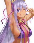  1girl absurdres arm_up armpits bangs bare_shoulders bb_(fate)_(all) bb_(swimsuit_mooncancer)_(fate) bikini blush breasts cleavage closed_mouth collarbone dark_skin fate/grand_order fate_(series) hair_ornament hair_ribbon hairband highres large_breasts long_hair looking_at_viewer neck_ribbon one_eye_closed purple_bikini purple_eyes purple_hair ribbon simple_background smile star_(symbol) star_hair_ornament swimsuit tan tongue tongue_out torieto v very_long_hair white_background 