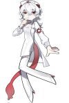  1girl colored_skin garter_straps hat high_heels highres lab_coat looking_at_viewer nurse nurse_(crrn) nurse_cap original pointy_ears red_eyes solo sonngo_2z5 tail thighhighs white_garter_straps white_skin white_thighhighs 