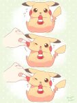  1other :3 ;3 ;o artist_name blush bottle brown_eyes cheek_pull closed_mouth commentary_request disembodied_hand green_background highres holding holding_bottle ketchup_bottle licking mugita_konomi one_eye_closed open_mouth pikachu pokemon pokemon_(creature) polka_dot polka_dot_background 