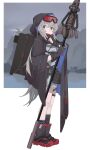  1girl ankle_boots arknights black_boots black_eyes black_gloves black_socks boots commentary expressionless full_body gloves goggles goggles_on_head grey_hair hair_between_eyes highres holding hood hood_up infection_monitor_(arknights) kneehighs long_hair mulberry_(arknights) saiy0u single_kneehigh single_sock ski_goggles socks solo standing thigh_strap 