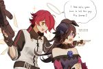 !? 2girls :d animal_ears arknights black_gloves blue_flower blue_rose brown_eyes brown_hair commentary crossover dress english_commentary exusiai_(arknights) fingerless_gloves flower gloves gun hair_over_one_eye halo hat highres holding holding_gun holding_weapon horse_ears horse_girl i_think_we&#039;re_gonna_have_to_kill_this_guy_steven_(meme) iwami_manaka long_hair long_sleeves meme multiple_girls pointing pointing_forward purple_eyes rectangular_mouth red_hair rice_shower_(umamusume) rose short_hair simple_background smile strapless strapless_dress umamusume upper_body voice_actor_connection weapon white_background ylceon 