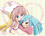 2024 2girls :d akagi_(sanoba_witch) animal_ear_hairband animal_ears aqua_hair blue_eyes blunt_bangs blunt_ends blush bow brown_hair cape commentary cropped_torso dated embarrassed fake_animal_ears frilled_sleeves frills green_background hair_between_eyes hairband happy hat hat_bow hat_ribbon heart hinocchio_bkrk hug long_hair long_sleeves looking_at_another magical_girl multiple_girls open_mouth ribbon sanoba_witch shiiba_tsumugi sidelocks signature simple_background sketch smile sweatdrop teeth twintails upper_teeth_only v-shaped_eyebrows very_long_hair white_cape white_hat wide_sleeves yellow_bow yellow_eyes yellow_ribbon 