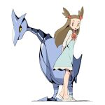  1girl :o beads bow brown_eyes brown_hair collarbone dress eyelashes hair_beads hair_ornament jasmine_(pokemon) knees long_hair open_mouth orange_bow pokemon pokemon_(creature) pokemon_hgss psaber97 sandals skarmory standing three-quarter_sleeves two_side_up white_background 