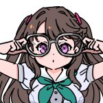  1girl aqua_neckerchief blue_dress blush_stickers breasts commentary_request dress fujishima_megumi grey-framed_eyewear hasu_no_sora_school_uniform holding holding_removed_eyewear large_breasts link!_like!_love_live! love_live! neckerchief puffy_short_sleeves puffy_sleeves purple_eyes sailor_collar sailor_dress school_uniform shinanoya_(satanicad) short_sleeves simple_background solo summer_uniform tsukine_kona unworn_eyewear upper_body virtual_youtuber voice_actor_connection white_background white_sailor_collar 
