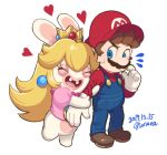  &lt;3 2019 anthro biped blonde_hair blue_eyes bodily_fluids brown_hair clothing crossover crown dated duo emanata eyes_closed facial_hair female footwear fur gloves hair handwear hat headgear headwear hug human lagomorph looking_at_another male male/female mammal mario mario_bros mario_plus_rabbids_kingdom_battle mustache nintendo nonananana open_mouth open_smile pink_clothing rabbid rabbid_peach raving_rabbids rayman_(series) red_clothing red_hat red_headwear shoes simple_background smile standing sweat ubisoft video_games white_background white_body white_fur 