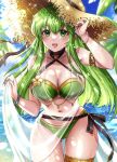  1girl absurdres akimiiiii armlet ass_visible_through_thighs bikini blush bracelet breasts cleavage criss-cross_halter fire_emblem fire_emblem_echoes:_shadows_of_valentia fire_emblem_heroes flower green_bikini green_eyes green_hair hair_ornament halterneck hat highres jewelry large_breasts long_hair navel ocean official_alternate_costume open_mouth outdoors palla_(fire_emblem) palla_(summer)_(fire_emblem) palm_leaf palm_tree sarong see-through_clothes see-through_sarong skindentation small_breasts solo stomach straw_hat sun_hat swimsuit thick_thighs thighlet thighs tree water 