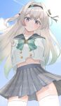  1girl belly black_hairband black_ribbon blue_sky blush bow bowtie buttons closed_mouth cloud cloudy_sky collared_shirt double-breasted firefly_(honkai:_star_rail) firefly_(spring_missive)_(honkai:_star_rail) green_bow green_bowtie green_pupils grey_hair grey_sailor_collar grey_skirt hair_between_eyes hair_intakes hair_ornament hair_ribbon hair_tubes hairband highres honkai:_star_rail honkai_(series) koenage_kaoru long_hair multicolored_eyes navel plaid_bow plaid_bowtie plaid_clothes pleated_skirt ribbon sailor_collar shirt skirt sky smile solo thighhighs two-tone_eyes white_shirt white_thighhighs 