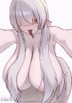  1girl b_project_18 barcode blunt_bangs breasts chinese_zodiac collarbone forked_tongue grey_hair hair_censor hair_over_breasts hair_over_one_eye happy_new_year highres huge_breasts lamia leaning_forward long_bangs long_hair monster_girl original pointy_ears pov reaching reaching_towards_viewer red_eyes scales slit_pupils snake_girl solo sweat tongue tongue_out topless_female white_background white_scales year_of_the_snake 