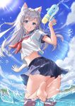  1girl absurdres animal_ear_fluff animal_ears barefoot blue_eyes blue_sailor_collar blue_skirt blue_sky cloud commentary_request crop_top cropped_shirt day double-parted_bangs feet floating_hair foot_out_of_frame foot_up grey_hair grin hand_up highres holding holding_water_gun lens_flare long_hair looking_at_viewer looking_back midriff miniskirt navel neckerchief ocean original outdoors outstretched_hand pleated_skirt red_neckerchief sailor_collar school_uniform serafuku shirt short_sleeves skirt sky smile soles solo sparkle splashing straight_hair summer_uniform sun sunlight toes tsukasa_akaneya turning_head wading water water_drop water_gun wet wet_clothes wet_shirt wet_skirt white_shirt 