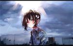  1girl bangs blood blood_on_face brown_hair child cloud cloudy_sky collared_shirt commentary earrings english_commentary hair_bun hair_ornament halo highres jewelry looking_at_viewer multiple_earrings orange_eyes original outdoors shirt short_hair sky solo sunlight tokikosann upper_body 