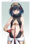  1girl bare_shoulders black_hair blood blood_on_hands blue_hair bracer breasts colored_inner_hair cross_(crossryou) detached_collar facepaint fate/grand_order fate_(series) feathers grey_eyes halterneck headdress high_collar highres looking_at_viewer multicolored_hair navel pelvic_curtain sash short_hair sidelocks small_breasts solo tassel tenochtitlan_(fate) tenochtitlan_(first_ascension)_(fate) 