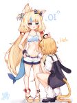  2girls absurdres ahoge animal_ear_fluff animal_ears bikini bikini_under_shorts black_dress blonde_hair blue_bikini blue_eyes blue_hair blush breasts cat_ears cat_tail dooby_(vtuber) dress english_commentary fins fish_girl fish_tail highleg highleg_bikini highres indie_virtual_youtuber lifebuoy_hair_ornament long_hair loose_socks low_twintails ma_draws mouse_tail multicolored_hair multiple_girls navel open_mouth pinafore_dress platform_sandals poking_belly sameko_saba sandals shirt short_hair short_shorts short_sleeves shorts simple_background sleeveless sleeveless_dress small_breasts socks squatting streaked_hair striped_bikini striped_clothes swimsuit tail toes twintails two-tone_hair very_long_hair white_background white_shirt white_shorts white_socks 