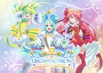  3girls blue_cape blue_hair blue_leotard boots cape english_text feet_out_of_frame full-leg_boots green_hair green_leotard high_heel_boots high_heels highres ichijou_nagase leotard magical_girl multiple_girls nabiyu official_art princess_meteor princess_ripple princess_zeal princession_orchestra puffy_short_sleeves puffy_sleeves red_cape red_leotard shirube_kagari short_sleeves showgirl_skirt sorano_minamo waist_cape water_skirt 