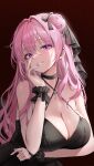  1girl absurdres arm_under_breasts bare_shoulders black_choker black_dress black_ribbon black_wrist_cuffs blush breasts choker cleavage collarbone commentary criss-cross_halter dorothy_(nikke) dress fankey fingernails goddess_of_victory:_nikke grin hair_bun hair_ribbon halterneck highres huge_breasts long_hair looking_at_viewer nail_polish pink_eyes pink_hair pink_lips pink_nails red_background ribbon single_side_bun smile solo wrist_cuffs 