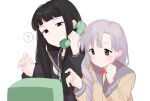  2girls ? atlach-nacha black_eyes black_hair black_sailor_collar black_shirt blunt_bangs blush braid brown_cardigan cardigan clenched_hand closed_mouth commentary_request confused hair_over_shoulder half-closed_eyes hands_up head_tilt hirasaka_hatsune holding holding_phone index_finger_raised long_hair long_sleeves miyama_kanako multiple_girls neck_ribbon neckerchief open_mouth payphone phone purple_hair receiver red_eyes red_ribbon ribbon sailor_collar school_uniform serafuku shikosour shirt simple_background single_braid smile spoken_question_mark teaching upper_body white_background white_neckerchief 