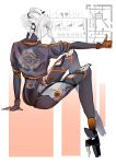  1girl absurdres donuts_miso drill_hair from_behind full_body grey_hair high_heels highres karenina:_ember_(machina)_(pgr) karenina_(pgr) mechabare mechanical_arms mechanical_legs ok_sign orange_eyes punishing:_gray_raven sidelocks sitting solo subdermal_port twin_drills 