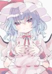  1girl blue_hair bow bowtie closed_mouth commentary_request hat hat_bow hiyuu_(hiyualice) looking_at_viewer mob_cap red_bow red_bowtie red_eyes red_nails remilia_scarlet shirt short_sleeves smile solo touhou white_hat white_shirt wings wrist_cuffs 