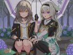  aqua_thighhighs black_gloves black_hairband black_jacket black_skirt blue_pupils blush bridal_gauntlets cropped_jacket detached_sleeves firefly_(honkai:_star_rail) frilled_sleeves frills gloves gradient_eyes gradient_thighhighs hair_ornament hair_ribbon hairband highres holding holding_umbrella honkai:_star_rail honkai_(series) jacket long_sleeves miniskirt multicolored_eyes neckerchief open_mouth orange_neckerchief ribbon single_bridal_gauntlet skirt snail squatting stelle_(honkai:_star_rail) thigh_strap thighhighs toki78288809 trailblazer_(honkai:_star_rail) umbrella white_sleeves 