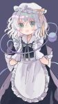  1girl alternate_costume alternate_headwear apron black_dress blush bow bowtie commentary_request dress enmaided eyeball gloves green_bow green_bowtie green_eyes green_hair grey_background hat hat_bow hiyuu_(hiyualice) komeiji_koishi long_hair looking_at_viewer maid maid_apron mob_cap open_mouth short_sleeves simple_background smile solo third_eye touhou white_apron white_gloves white_hat yellow_bow 