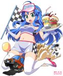  1girl ahoge artist_name balloon bare_shoulders blue_hair breasts burger car car_crash checkered_flag cheese city_connection clarice_(city_connection) cleavage clothes_writing cup dated detached_collar disposable_cup dropping dust flag food full_body giant giantess gloves green_eyes grey_gloves grey_skirt grey_tube_top guest_art hands_up hat_writing high_heels highres hiro_hiroki honda honda_city kneehighs lettuce long_hair long_sidelocks looking_down meat medium_breasts midriff miniskirt motor_vehicle navel open_mouth overturned_car pencil_skirt pickle pink_shoes plate police_car race_queen shoes sidelocks simple_background skin_tight skirt socks solo strapless thighhighs tomato tomato_slice tube_top visor_cap white_background white_thighhighs zettai_ryouiki 