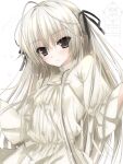  1girl 2000s_(style) above_cleavage_cutout ahoge akatsuki_(ggsy7885) artist_name black_eyes black_ribbon buttons closed_mouth clothing_cutout dress faux_retro_artstyle hair_between_eyes hair_ribbon hashimoto_takashi_(style) highres kasugano_sora light_blush light_particles light_smile long_hair looking_at_viewer mandarin_collar official_style parody ribbon simple_background solo style_parody three-quarter_sleeves twitter_username two_side_up upper_body very_long_hair watermark white_background white_dress white_hair white_theme yosuga_no_sora 