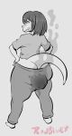 anthro big_butt bottomwear butt clothed clothing dark_hair feces feces_in_clothing female greyscale hands_on_hips hi_res lizard looking_at_butt looking_back monochrome pants pooping redblissex reptile scalie simple_background smelly soiling soiling_bottomwear soiling_pants solo stink_fumes sweatpants thick_thighs