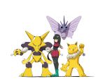  1girl alakazam black_hair blunt_bangs bodysuit bodysuit_under_clothes boots closed_mouth cropped_jacket frown green_boots hashtag-only_commentary highres hypno jacket legs_together long_hair looking_at_viewer pokemon pokemon_(creature) pokemon_lgpe psaber97 sabrina_(pokemon) skirt standing venomoth white_background 