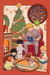  5boys :d aged_down antlers black_eyes black_hair blonde_hair blue_eyes blue_shirt blue_socks blunt_bangs blush_stickers book border bow bowtie brothers candle chair christmas christmas_ornaments christmas_tree christmas_wreath closed_mouth clown_nose collarbone collared_shirt commentary cup dinosaur_costume easy_chair ekubo_(mob_psycho_100) english_commentary fire fireplace firewood floating food full_body glowing green_bow green_bowtie green_eyes green_socks grey_pants grey_shirt hair_between_eyes hanazawa_teruki hands_on_floor highres holding holding_book holding_cup holding_pillow horns hot_chocolate index_finger_raised indoors kageyama_ritsu kageyama_shigeo levitation lingshi_reishi long_sleeves looking_at_object male_focus marshmallow mob_psycho_100 mug multiple_boys official_alternate_costume on_chair onesie open_book open_hands orange_hair outside_border outstretched_hand pajamas pants pillow print_shirt purple_lips railing reading red_border red_bow reigen_arataka reindeer_antlers round_table round_window rug seiza shirt siblings sitting sitting_on_pillow slippers smile snowing socks sparkle spiked_hair spirit standing star_(symbol) striped_clothes striped_pajamas striped_pants striped_shirt stuffed_animal stuffed_toy suzuki_shou table teddy_bear telekinesis toddler toy toy_block toy_train vertical-striped_clothes vertical-striped_pajamas vertical-striped_pants vertical-striped_shirt white_socks window wooden_floor wreath 